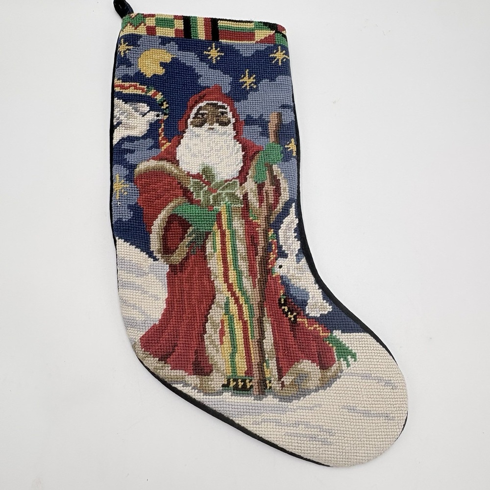 Black Santa Needlepoint Christmas Stocking Jamaican Rasta Style 18in VTG